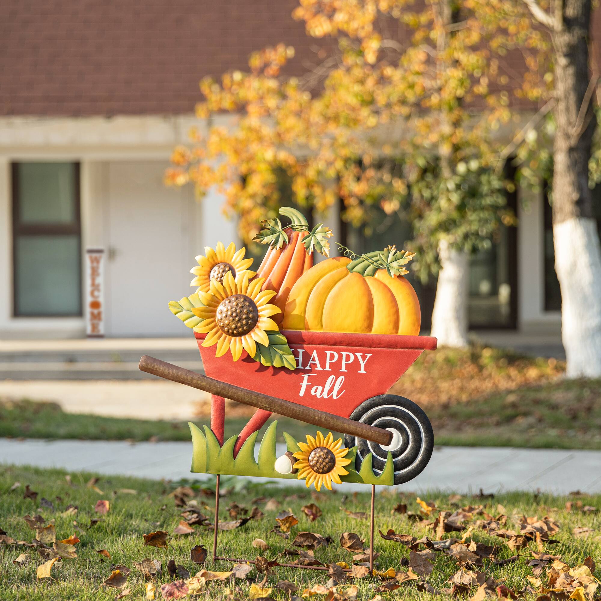 Glitzhome® 2.5ft. Fall Metal Wheel Barrow Pumpkin Yard Stake